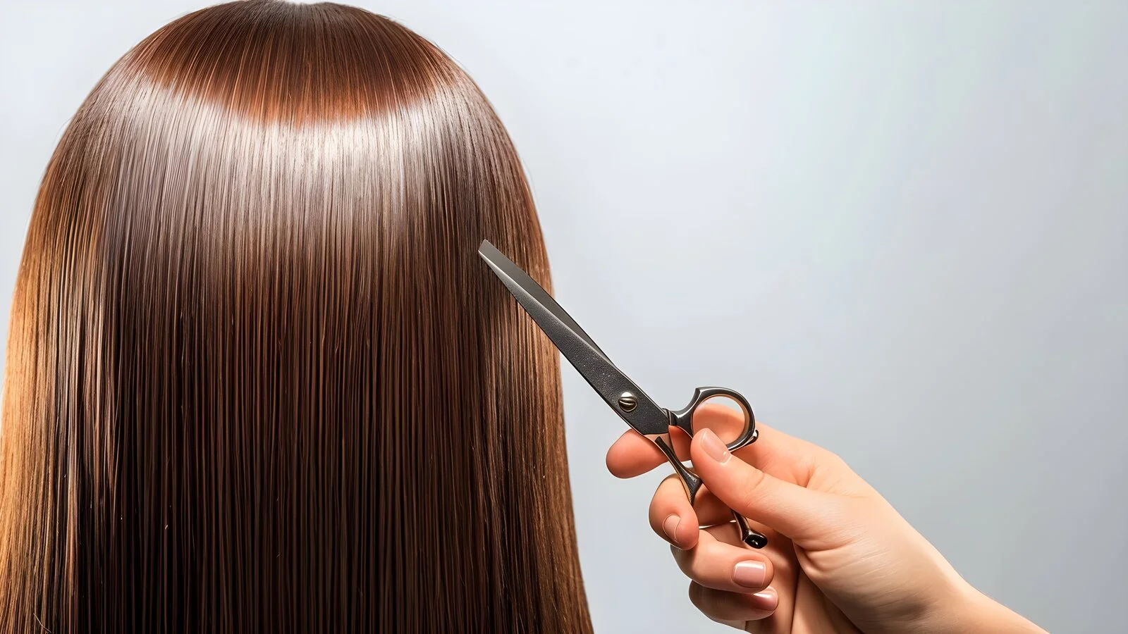 Hand-held scissors trimming a long curtain of silky brown hair, soft daylight backdrop.