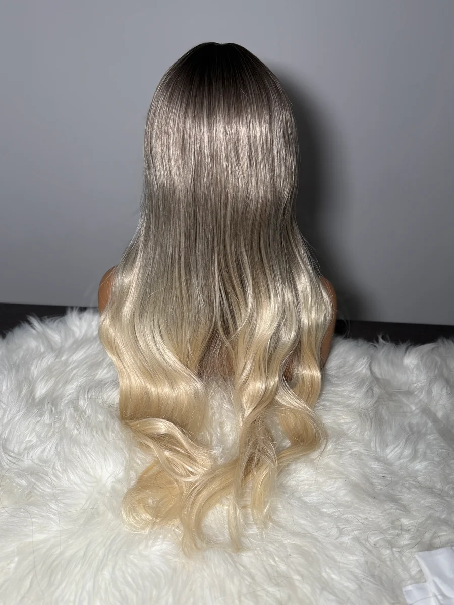 Halloween Long Wavy Synthetic Wig with Bangs. Ash Blonde Ombre, image 2 of 2