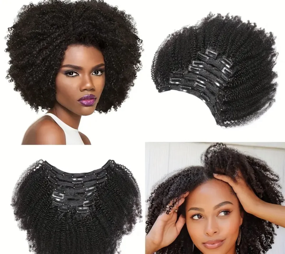 12-Inch Kinky Curly Clip-In Human Hair Extensions. 4B/4C Coily Texture