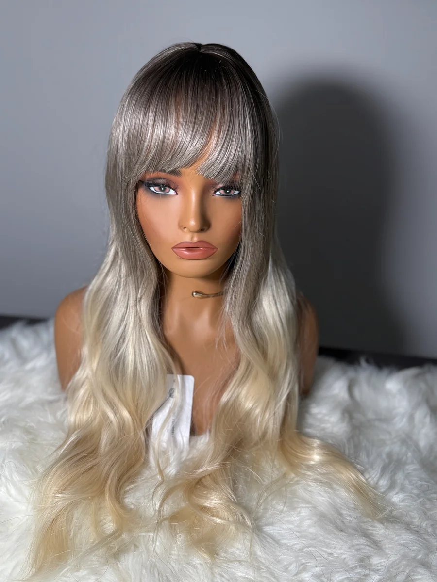 Halloween Long Wavy Synthetic Wig with Bangs. Ash Blonde Ombre