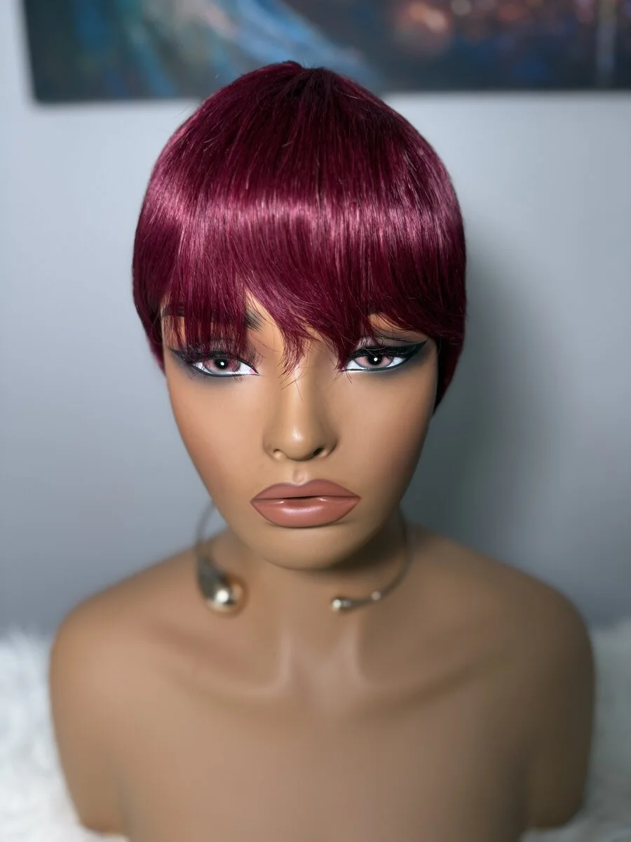 Burgundy Human Hair Short Pixie Cut Wig with Bangs. 100% Human Hair