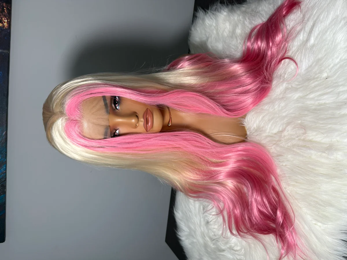 Blonde Wig with Pink Skunk Stripe Synthetic