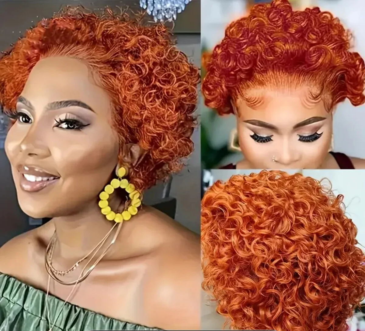Ginger Curly Short Human Hair Wig. Lace Front, Ready to Wear