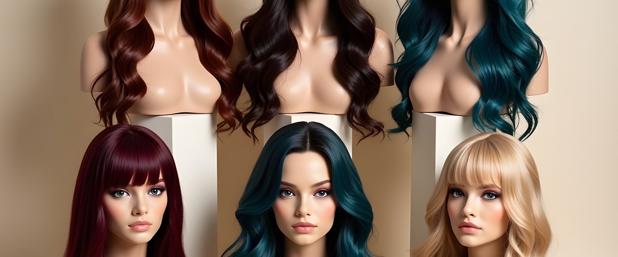Mannequin display of six wig styles in burgundy, brunette, teal, plum, black, and blonde, on a warm cream background.
